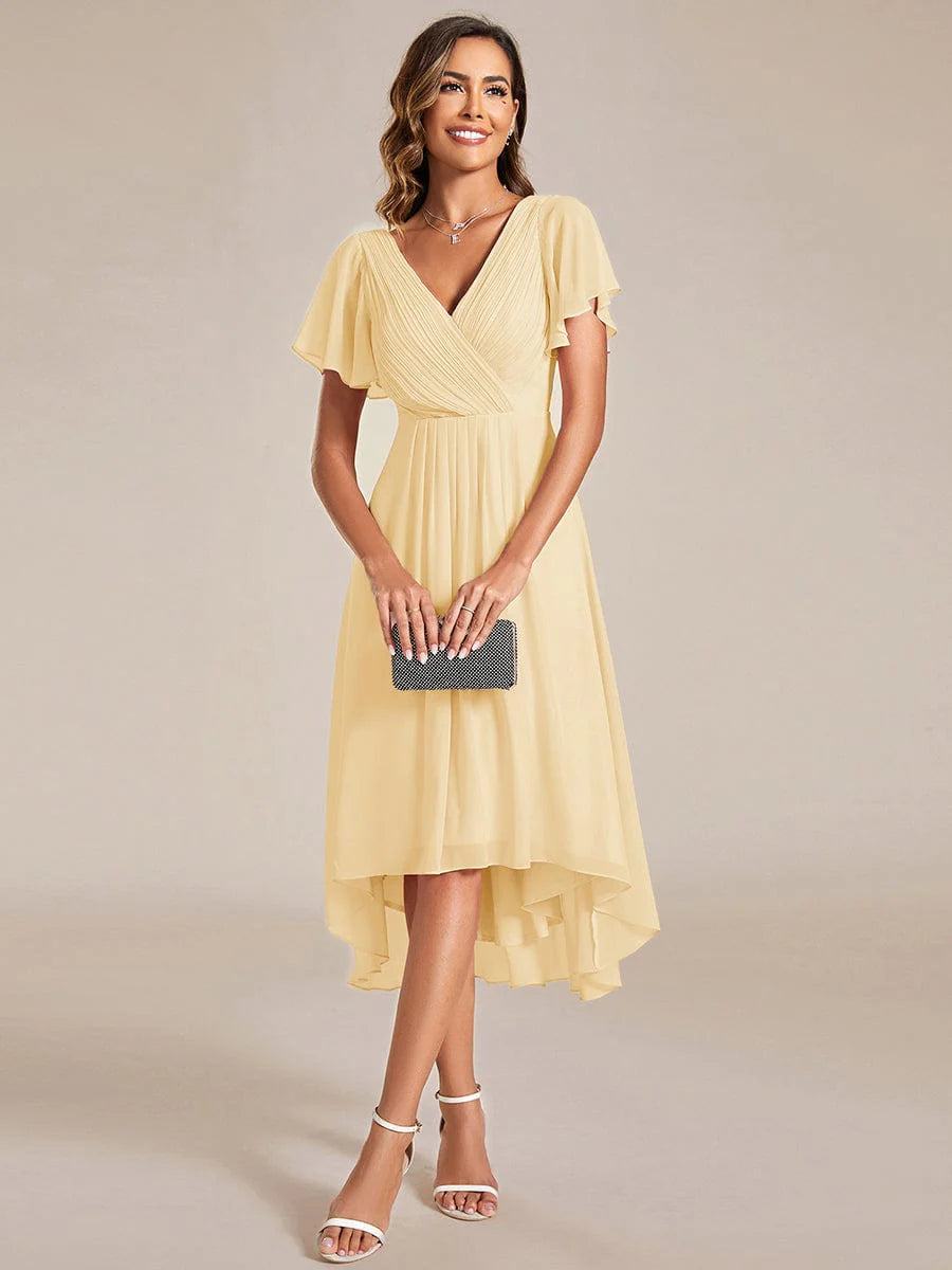 Chic V Neck High-Low Short Sleeve Wedding Guest Dress