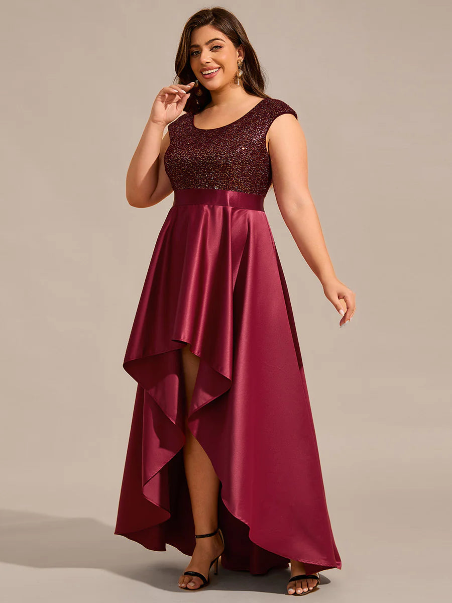 Plus Size Elegant Round Neck Asymmetrical Hem Sequin Contrast Satin Dresses with Raglan Sleeves