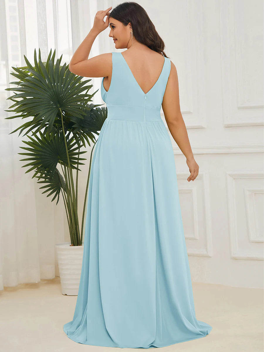 Plus Sleeveless Wholesale Bridesmaid Dresses with Deep V Neck and A Line