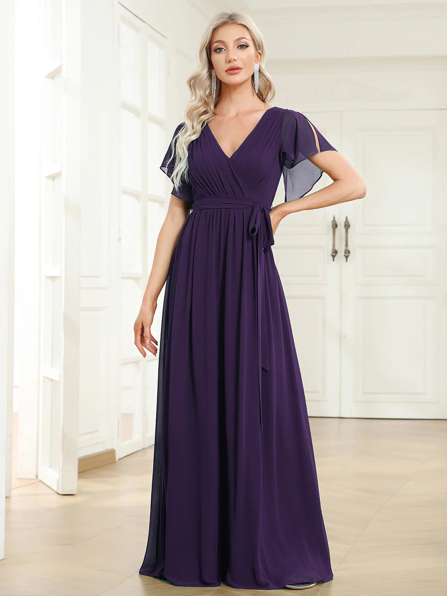 A Line Wholesale Evening Dresses with Deep V Neck Ruffles Sleeves