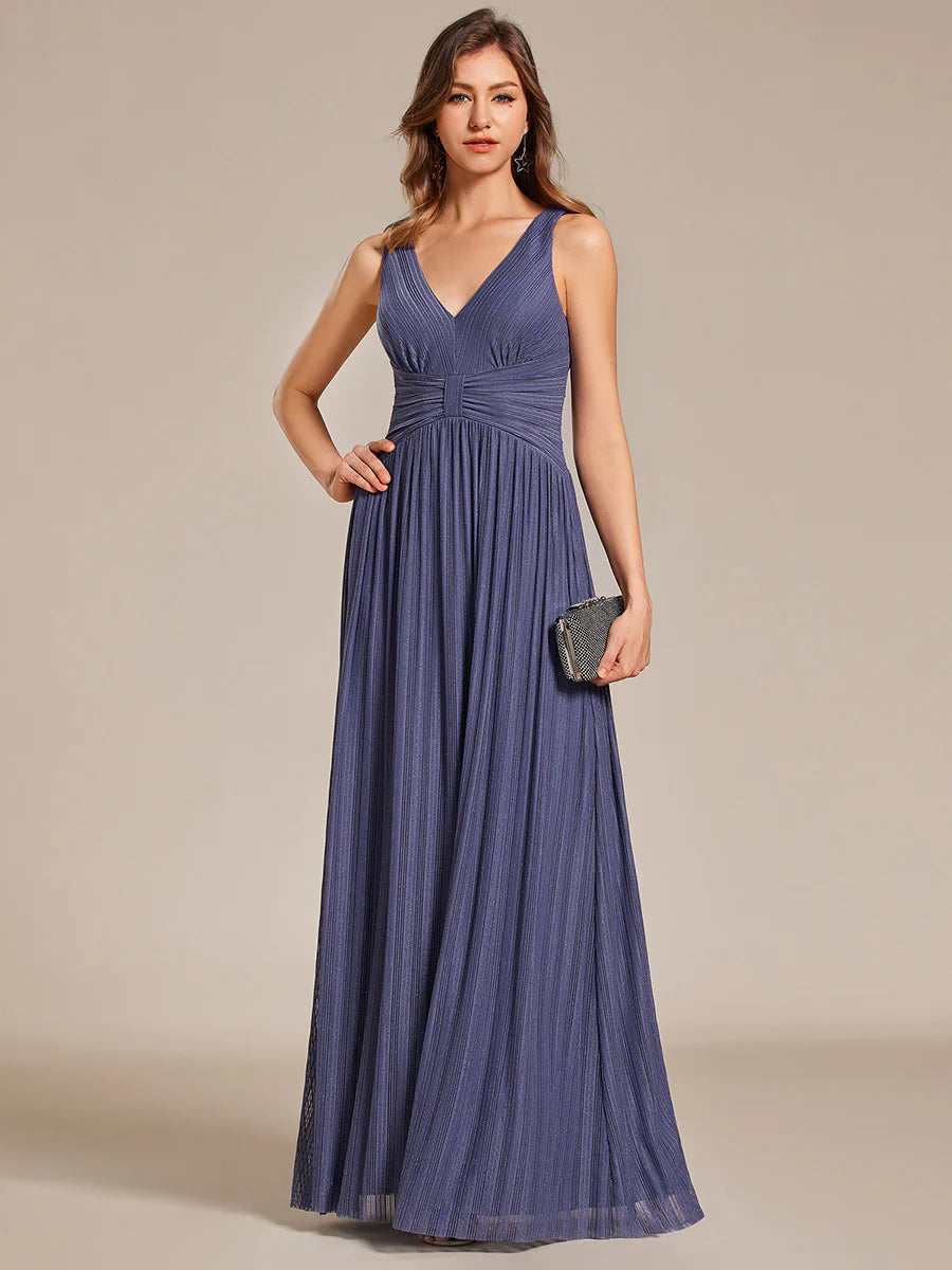 Glittery Pleated Empire Waist Sleeveless Formal Evening Dress