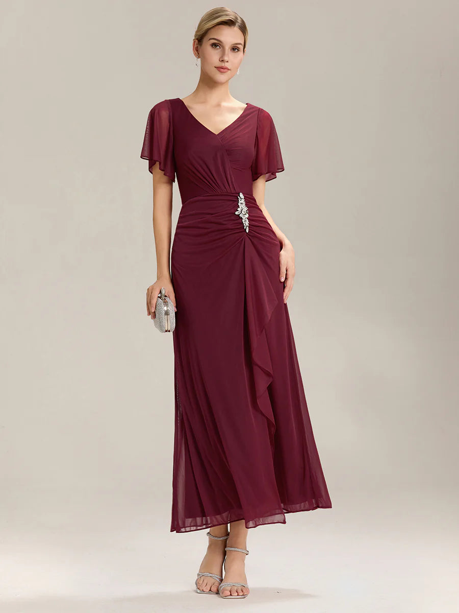 Short Sleeve Ruffle Deep V-Neck A-Line Maxi Dress with Slit Mother of the Bride Dresses
