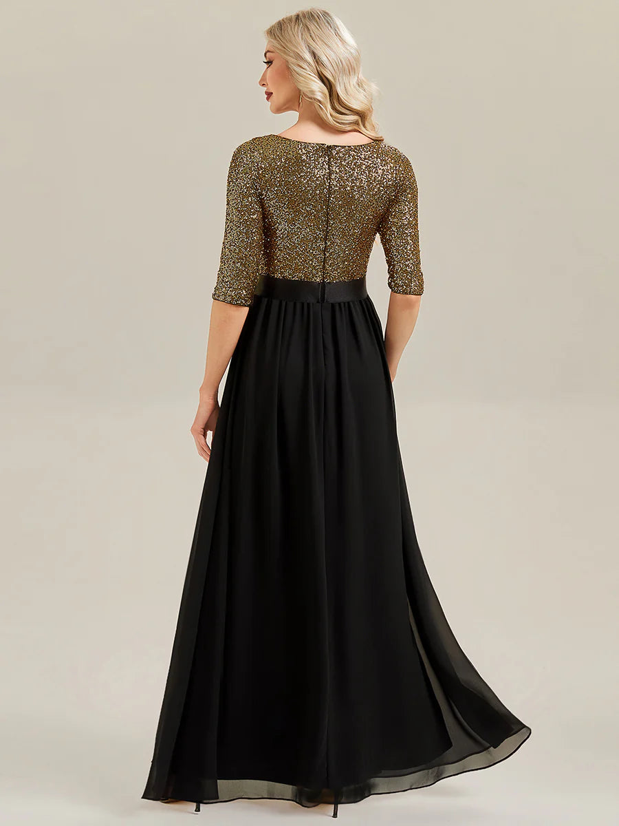 3/4 Sleeve Sequin Patchwork A-Line Floor Length Evening Dresses