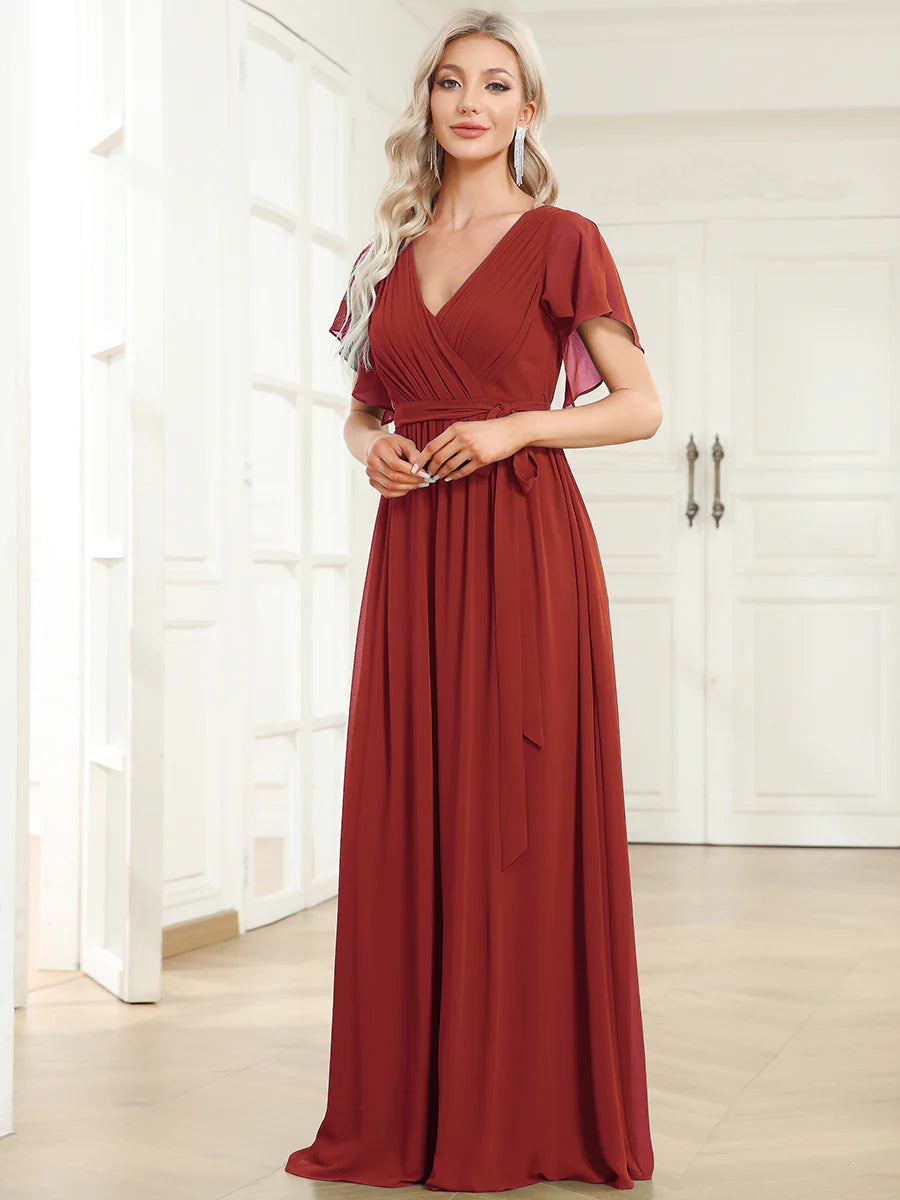 Short Sleeve Ruffle Deep V-Neck A-Line Floor Length Evening Dresses