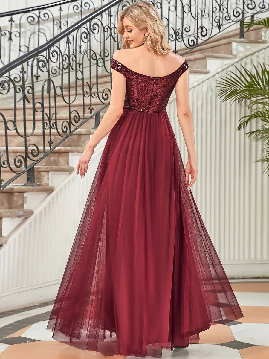 Wholesale High Waist Tulle & Sequin Sleeveless Evening Dress