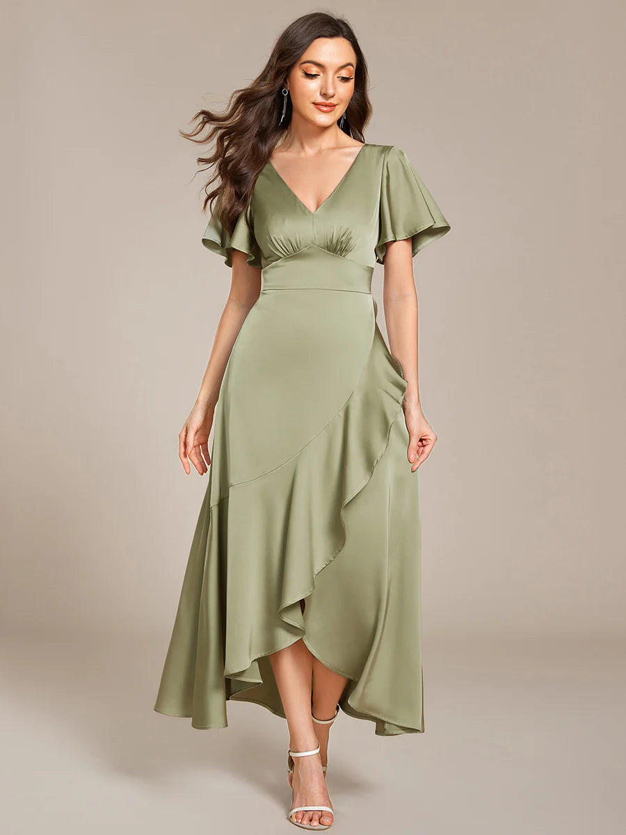 Short Sleeve Ruffled V-Neck Asymmetrical Hem Midi Bridesmaid Dress