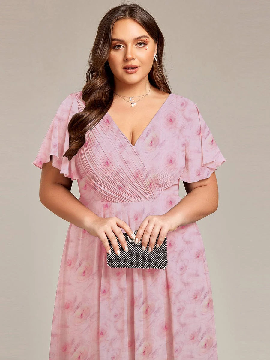 Ever FAYE|Floral V Neck High-Low Short Sleeve Wedding Guest Dress