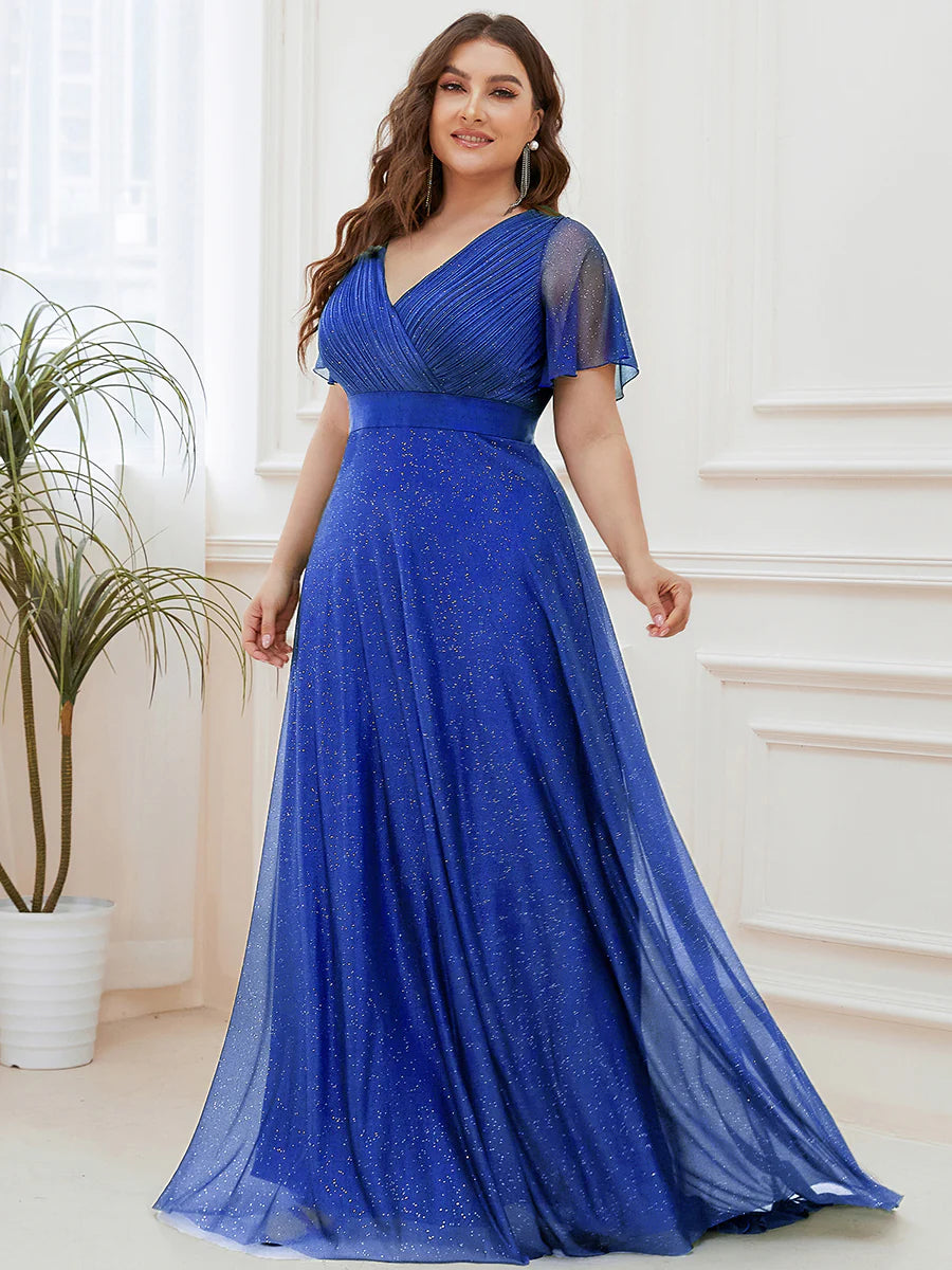 Plus Size Deep V Neck Ruffles Sleeve A Line Wholesale Evening Dresses