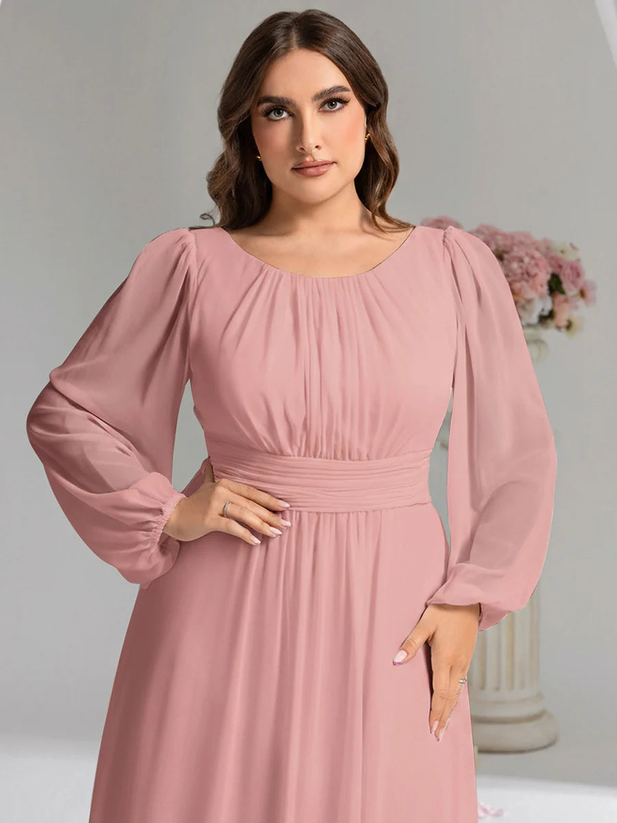 Plus Size Round Neck Wholesale Bridesmaid Dresses with Long Lantern Sleeves