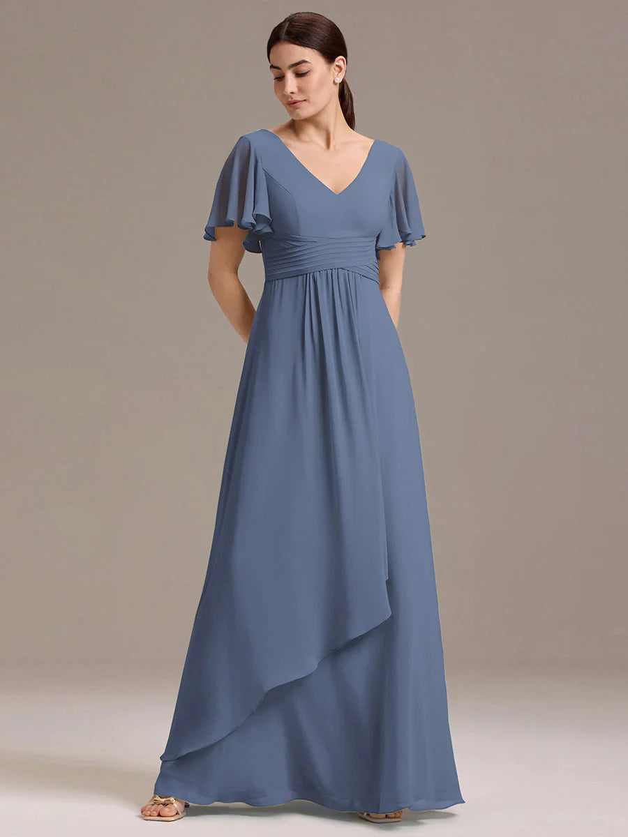 Wholesale | Customizable Double V-Neck Ruffled-Sleeve A-Line Chiffon Dress