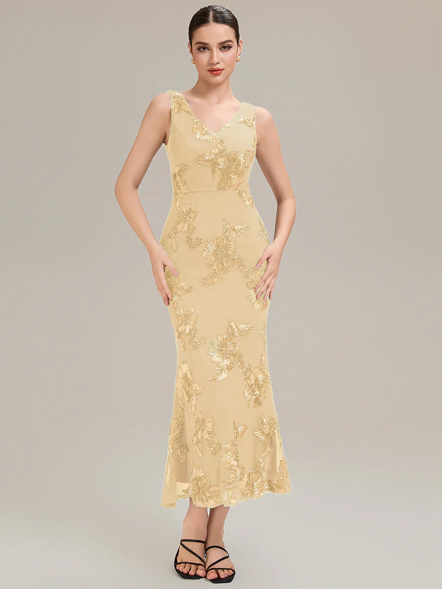 Sleeveless Deep V-Neck Fishtail High Stretch Midi Evening Dresses