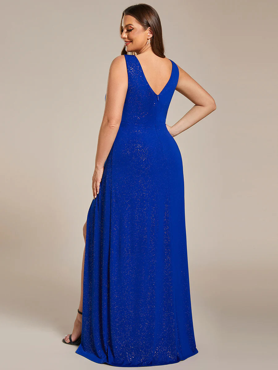Floor Length V Neck Shimmery Wholesale Plus Size Evening Dresses
