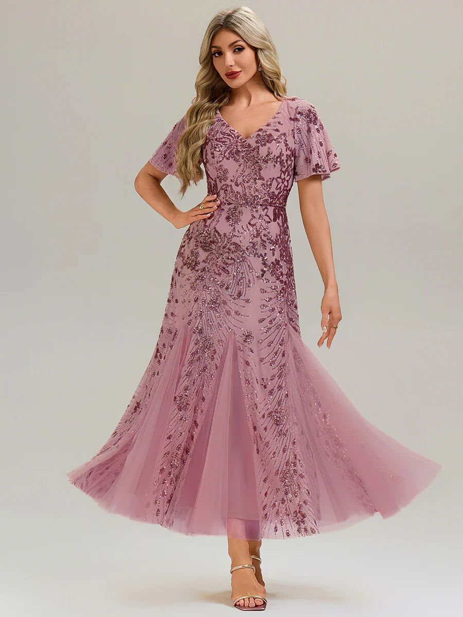 Short Sleeve Ruffle Sequin V-Neck A-Line Maxi Evening Dresses