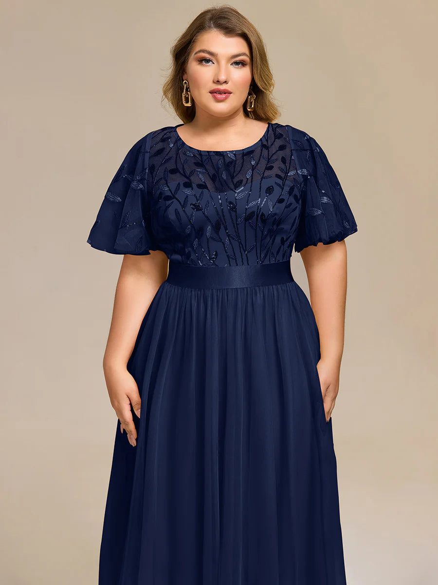 Bulk Order | Plus Size Fit A-Line Deep V-Neck Evening Gown | Ruffled Short Sleeve Midi Dress