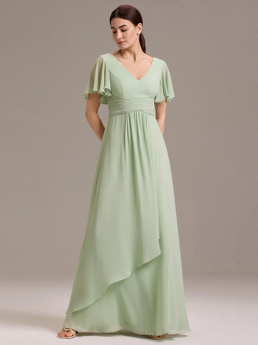 Wholesale | Customizable Double V-Neck Ruffled-Sleeve A-Line Chiffon Dress