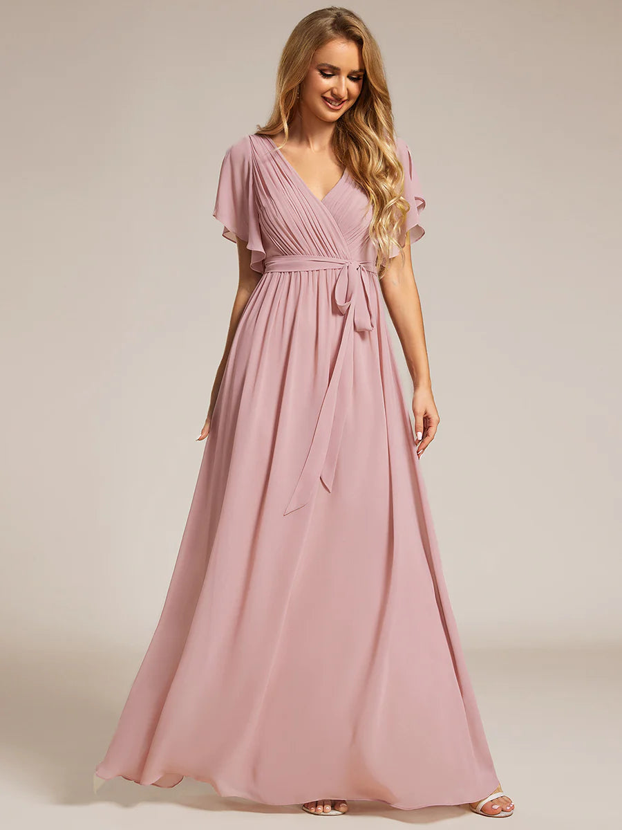A Line Wholesale Evening Dresses with Deep V Neck Ruffles Sleeves