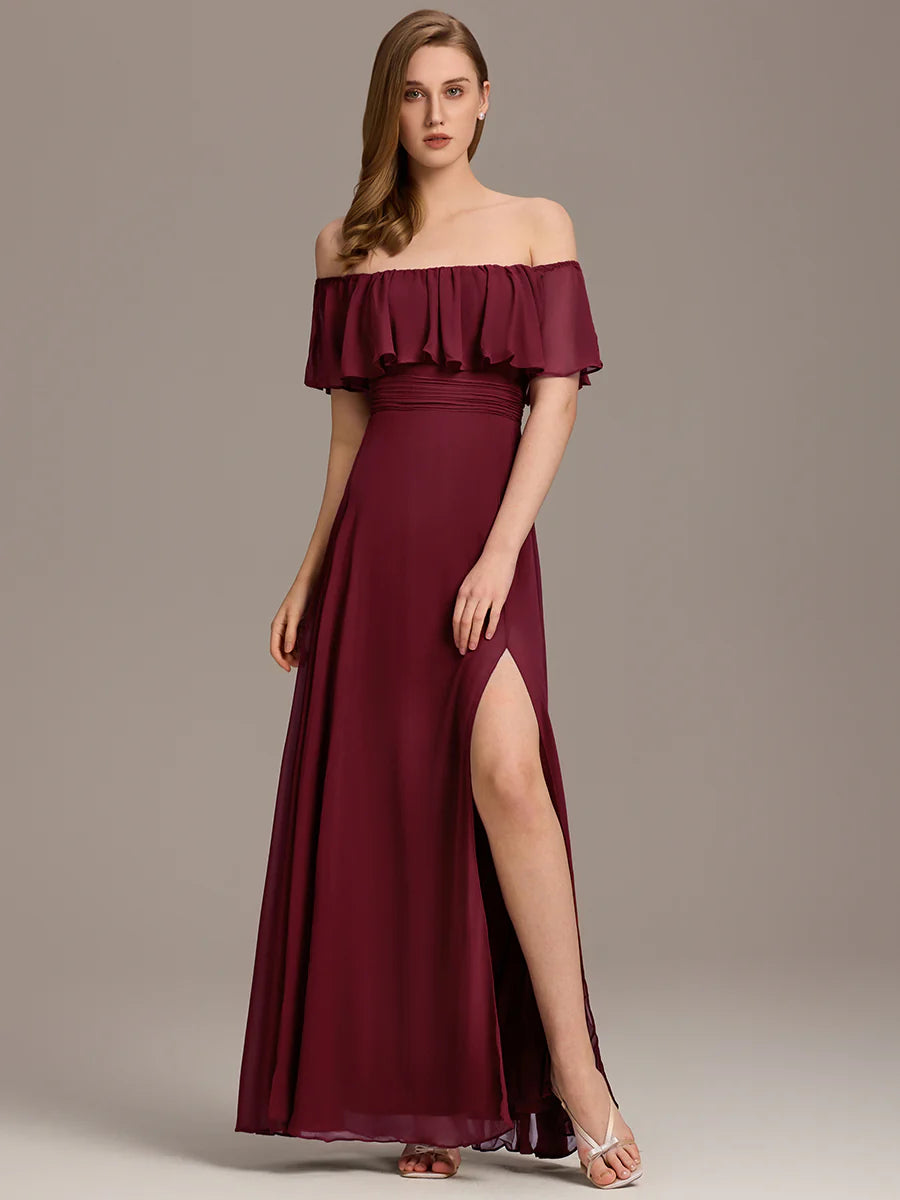 Off Shoulder Ruffle Thigh Split Wholesale Bridesmaid Dresses