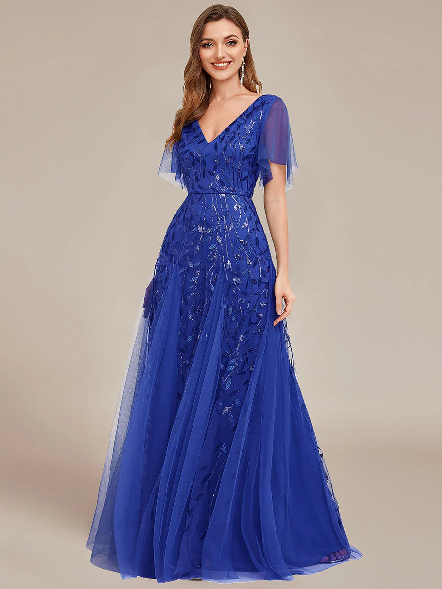 Romantic Shimmery V Neck Ruffle Sleeves Maxi Long Evening Gowns