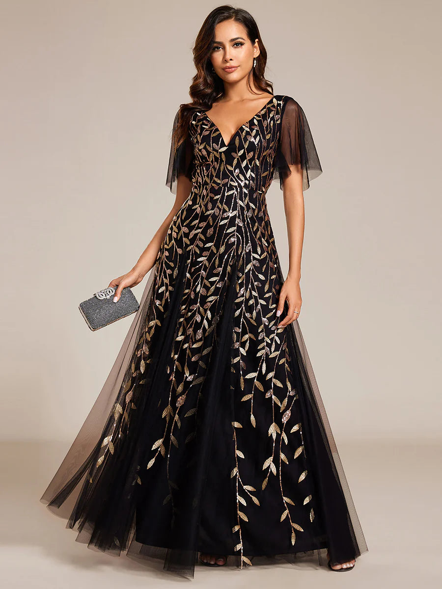 Romantic Shimmery V Neck Ruffle Sleeves Maxi Long Evening Gowns