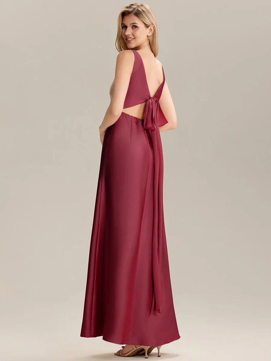Short Sleeve V-Neck Backless A-Line Floor Length Bridesmaid Dresses