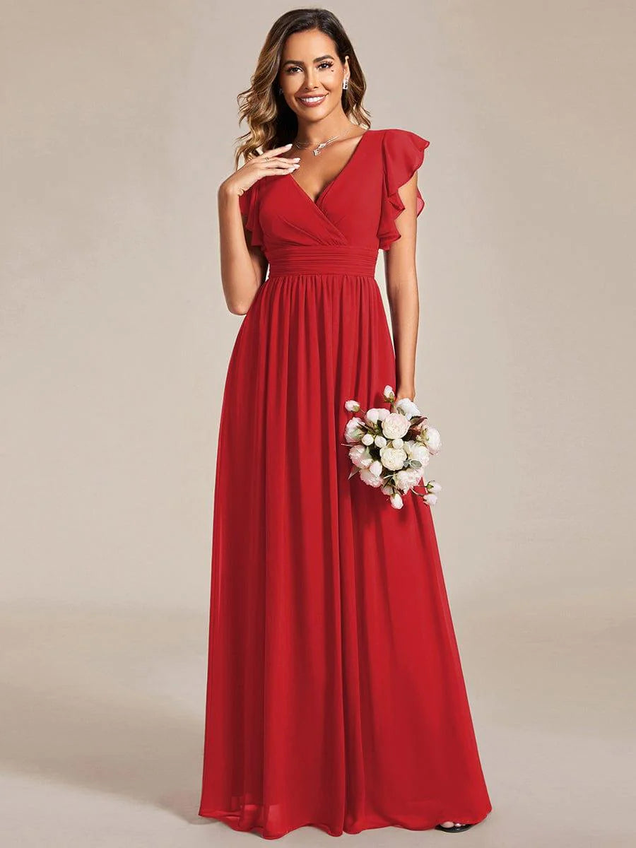 Ever LILYANA|Elegant V-Neck Open Back Ruffled Sleeves Chiffon Bridesmaid Dress