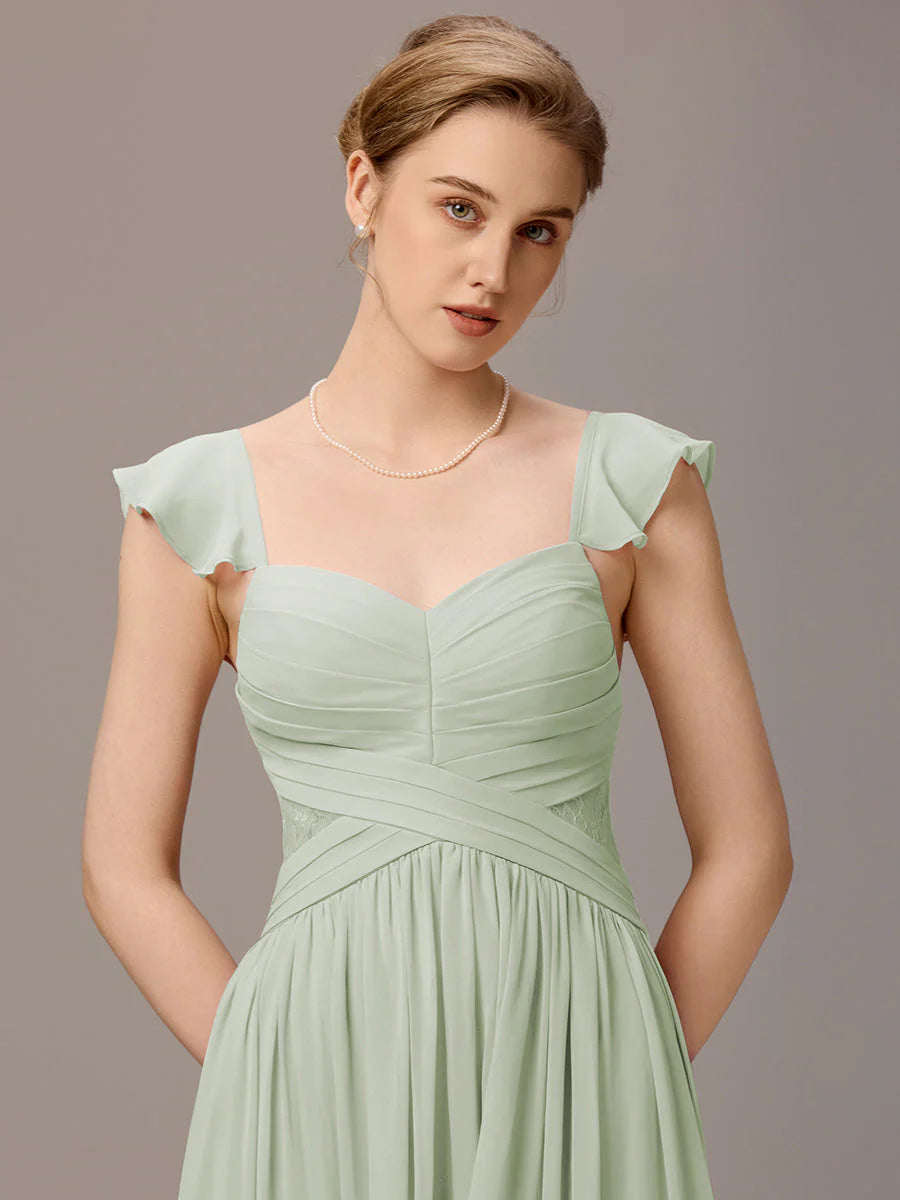 Wholesale Custom Made Back-Tie Pleated Ruffles Sleeves Bridesmaid Dress