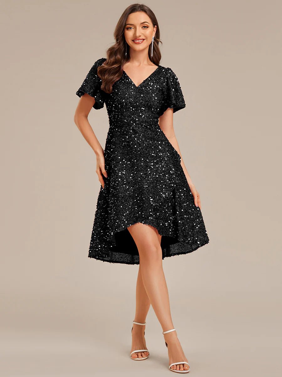 Bulk Order Short Sleeve Ruffle Sequin Deep V-Neck High-Low Formal Dresses