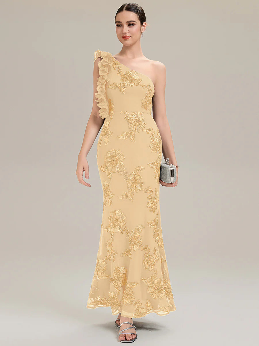Custom Made One Shoulder Sleeveless Floral Jacquard Fishtail Evening Dresses