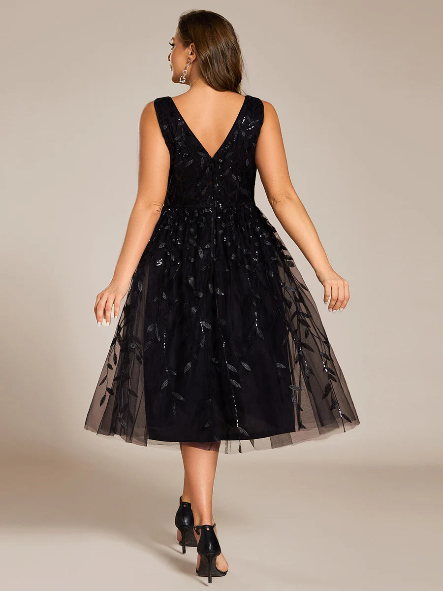 Plus Size V-Neck Sequin Midi Wedding Guest Dress With Sleeveless