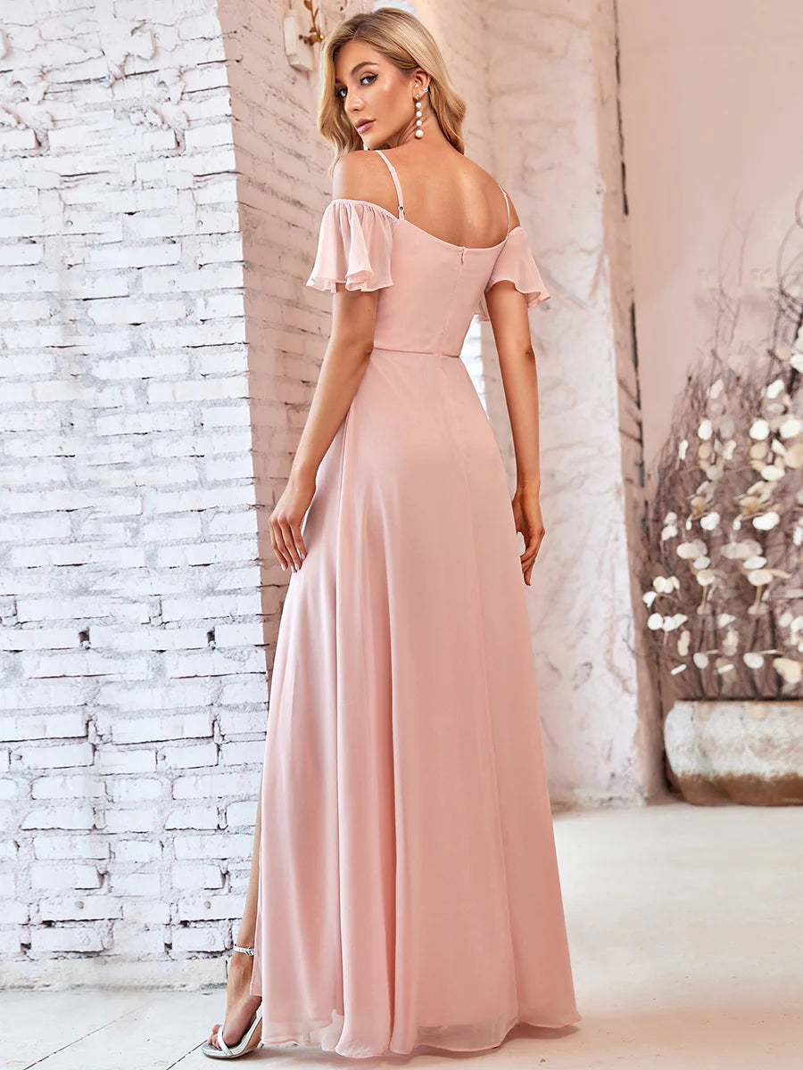 Wholesale High Split Chiffon Bridesmaid Dress With Spaghetti Straps
