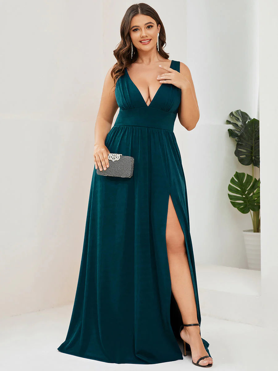 Plus Sleeveless Wholesale Bridesmaid Dresses with Deep V Neck and A Line