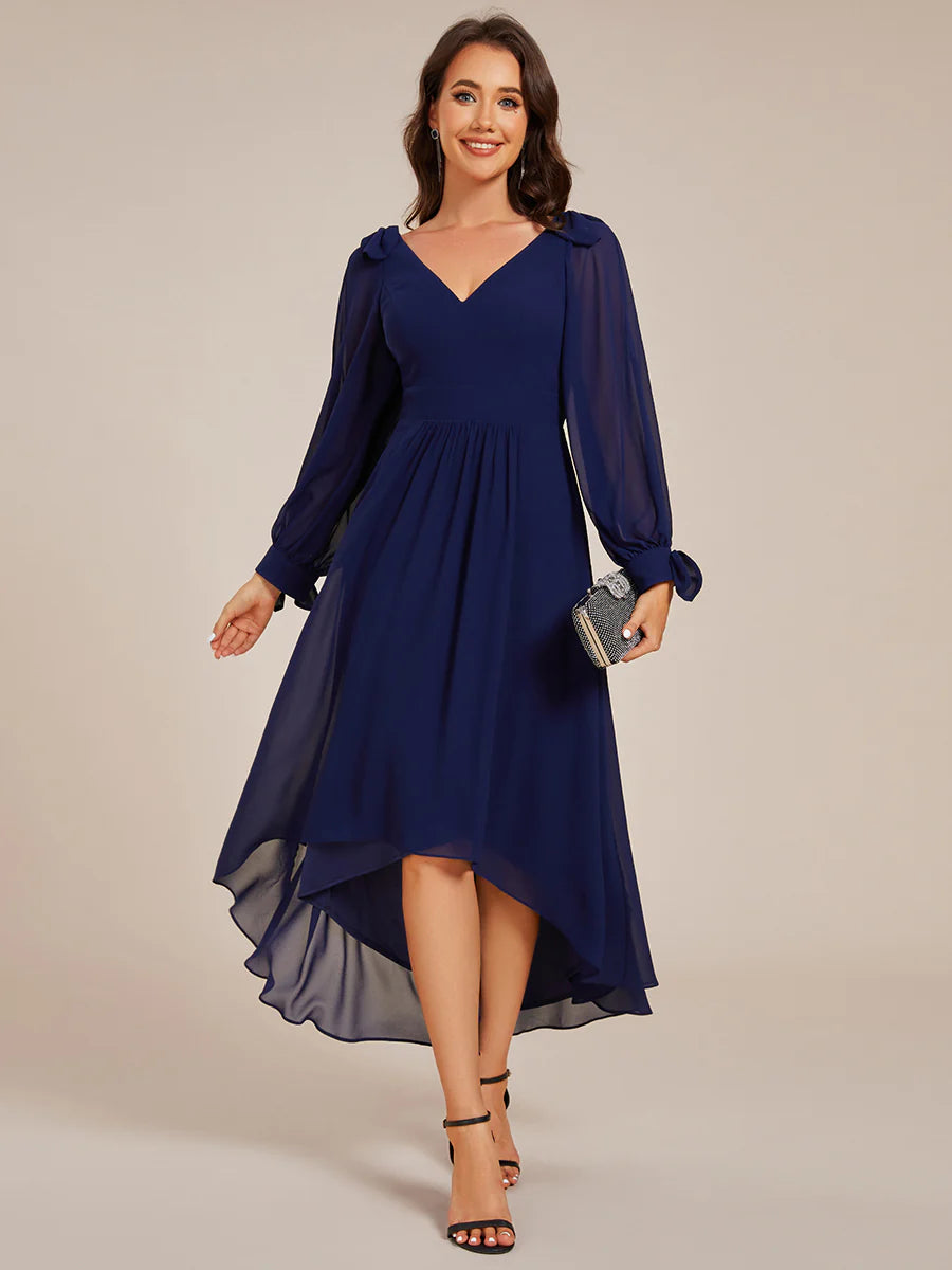 Elegant Butterfly Design Long Sleeves Midi Length A-Line Asymmetrical Hem Chiffon Dresses