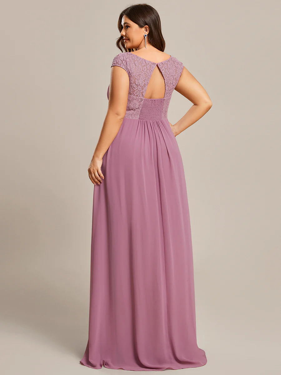 Plus Cap Sleeve A Line Wholesale Lace & Chiffon Evening Dresses