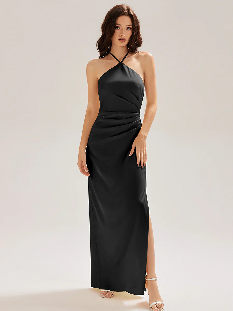 Sleeveless Halter Neck Sheath Floor Length Dress with Thigh-High Slit, Bridesmaid Dresses