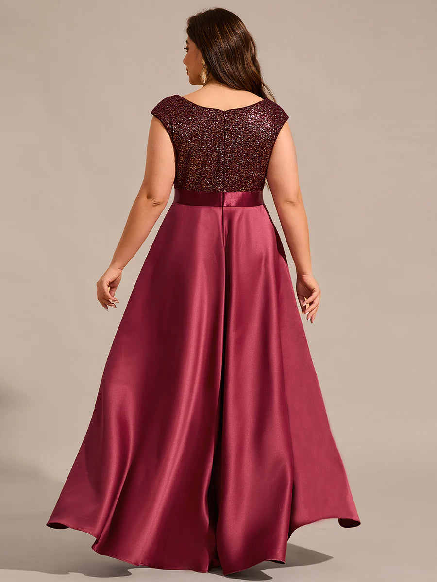 Plus Size Elegant Round Neck Asymmetrical Hem Sequin Contrast Satin Dresses with Raglan Sleeves