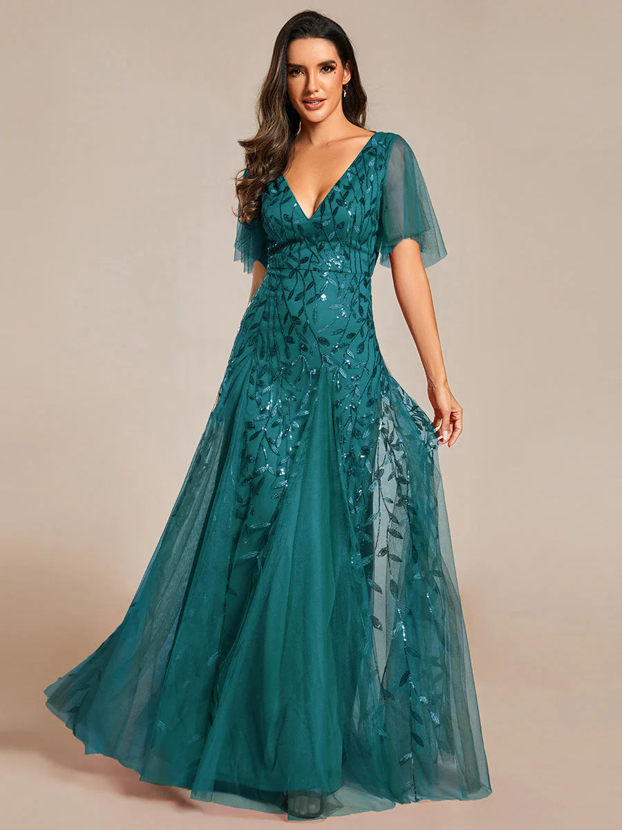 Deep V Neck Wholesale Sequin Evening Gown With Short Sleeves