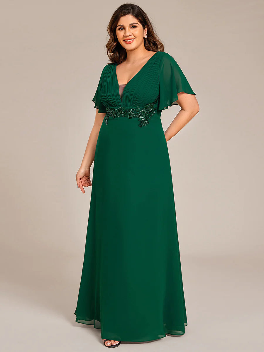 Plus Size Elegant Ruffles Sleeve Chiffon Evening Dresses with Pleated Applique Decoration