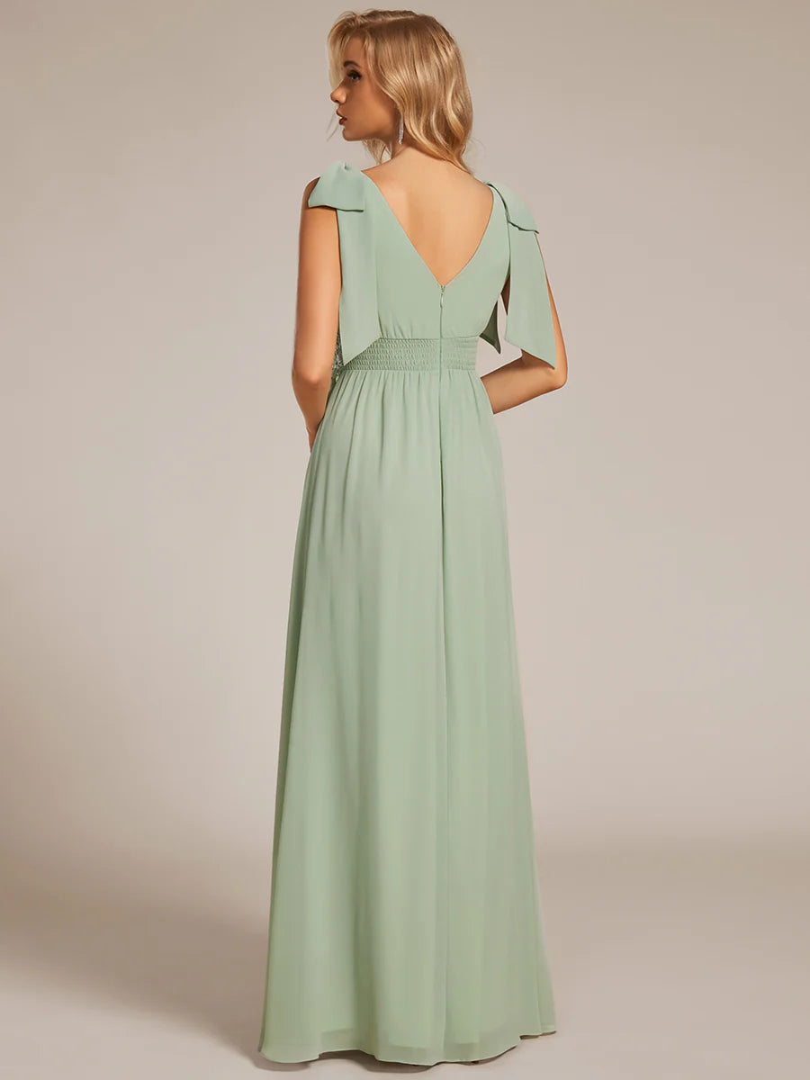 Elegant Bowknot Sleeveless Side Split Floor Length Chiffon Bridesmaid Dresses