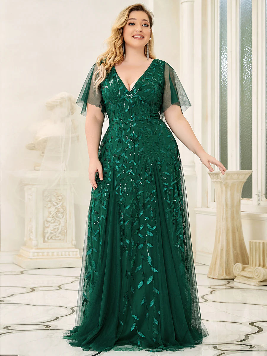 Plus Size Deep V Neck Wholesale Sequin Evening Gown With Short Sleeves