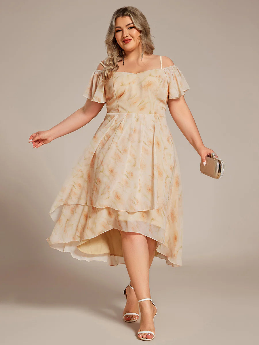 Plus Size Chiffon Spaghetti Strap Cold Shoulder Tea Length Wedding Guest Dress