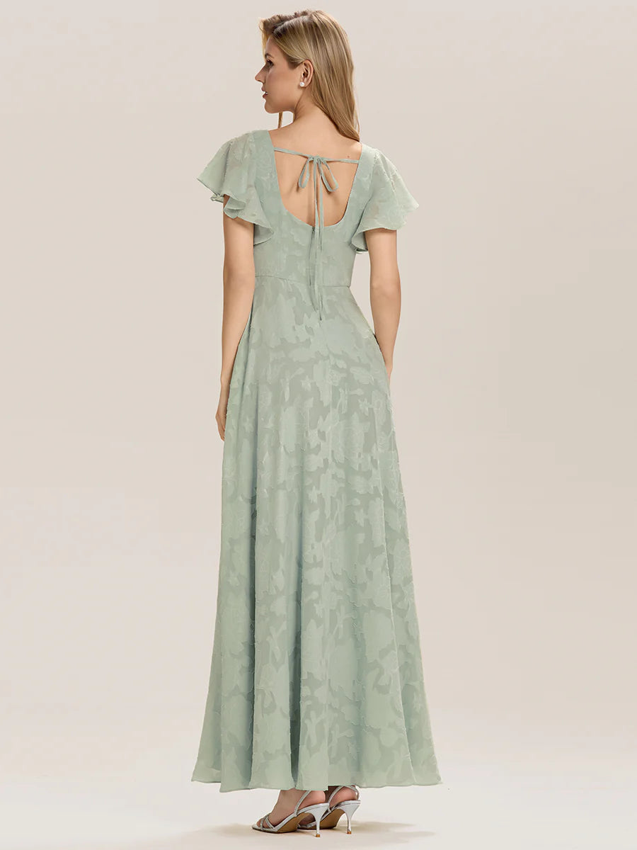 Short Sleeve Ruffle Tie-Front Backless A-Line Floor Length Evening Dresses