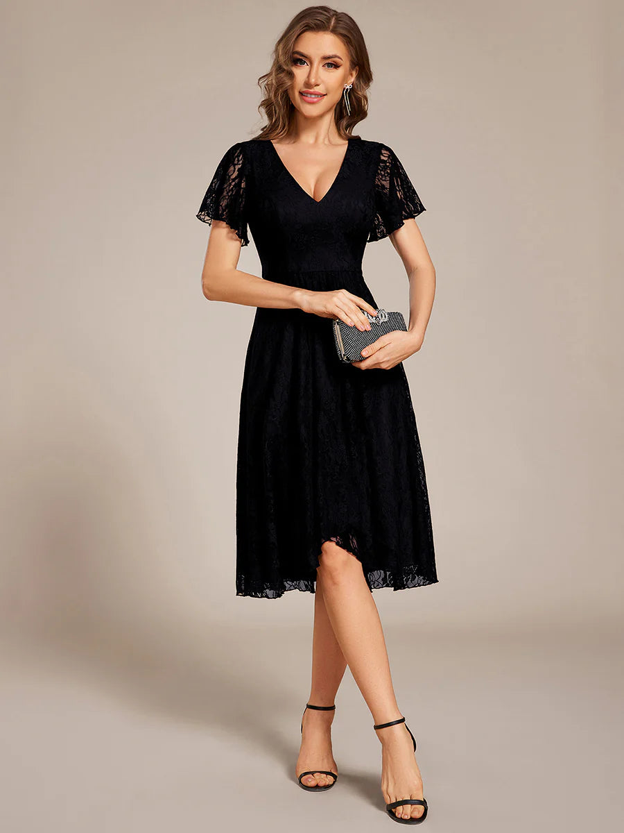 Short Sleeve Ruffled V-Neck A-Line Midi Wedding Guest Dress