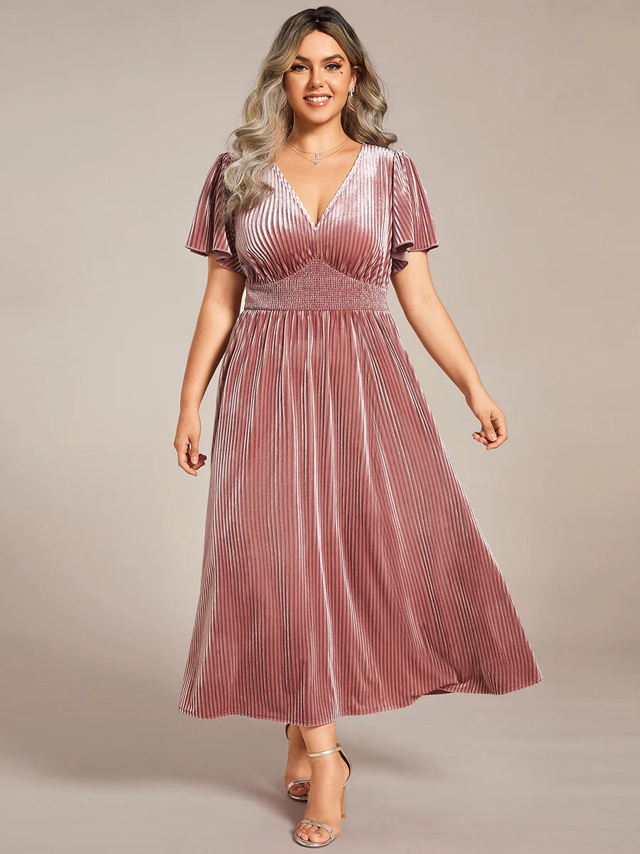 Plus-Size-V-Neck Tea Length Velvet Wedding Guest Dresses