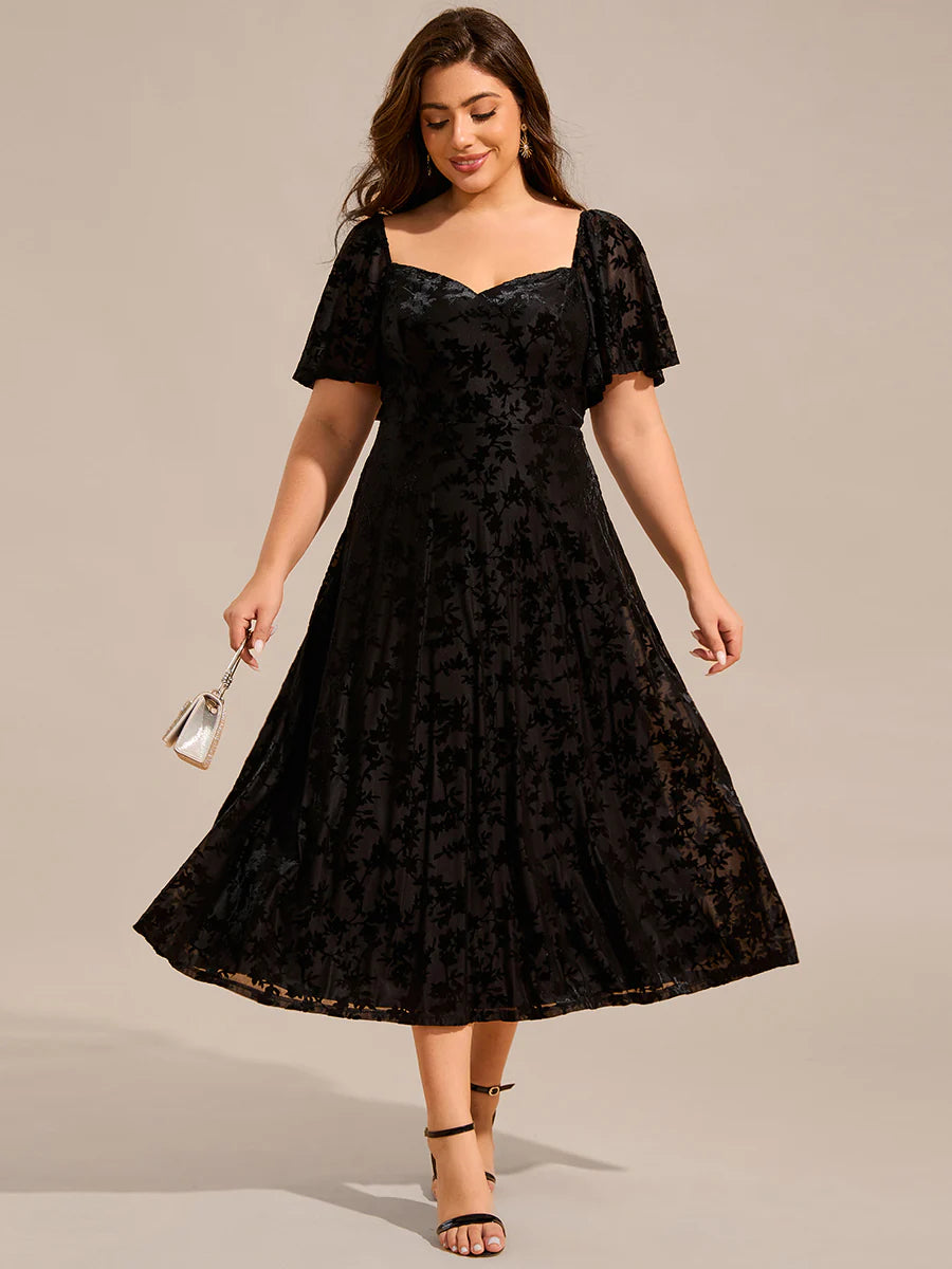 Plus Size Exquisite Square Neckline Tea length Wedding Guest Dresses with Jacquard Decoration