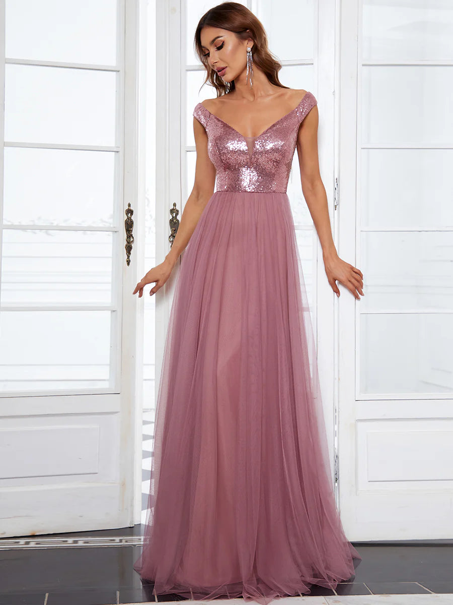 Wholesale Off Shoulder Tulle & Sequin Sleeveless Evening Dress