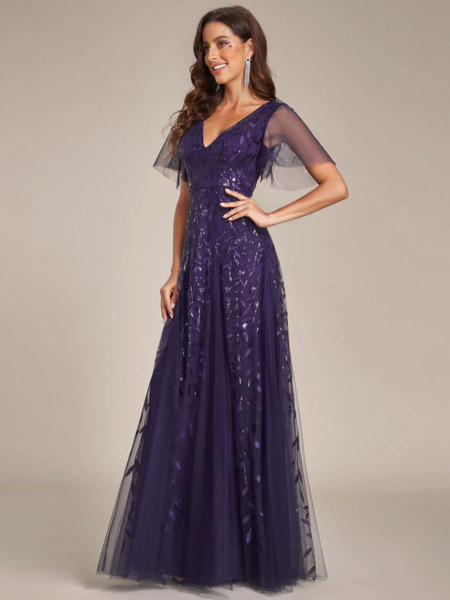 Deep V Neck Wholesale Sequin Evening Gown With Short Sleeves