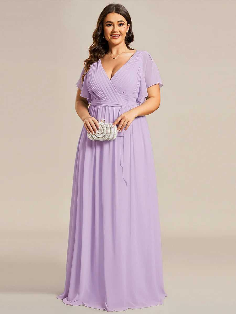 Short Sleeve Ruffle Deep V-Neck A-Line Floor Length Evening Dresses