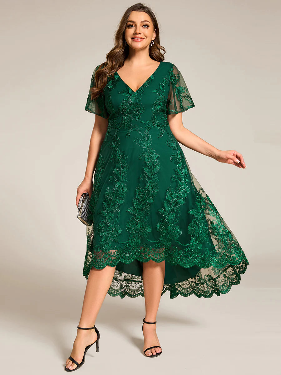 Plus Size Exquisite Embroidery Decoration Short See-through Ruffles Sleeve Lace Wedding Guest Dresses with Asymmetrical Hem