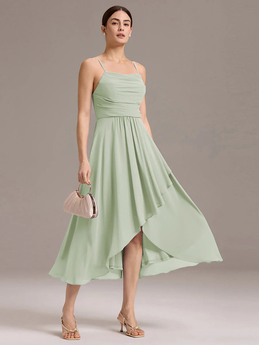 Custom Solutions Sleeveless Cowl Neck High-Low A-Line Non-Stretch Bridesmaid Dresses