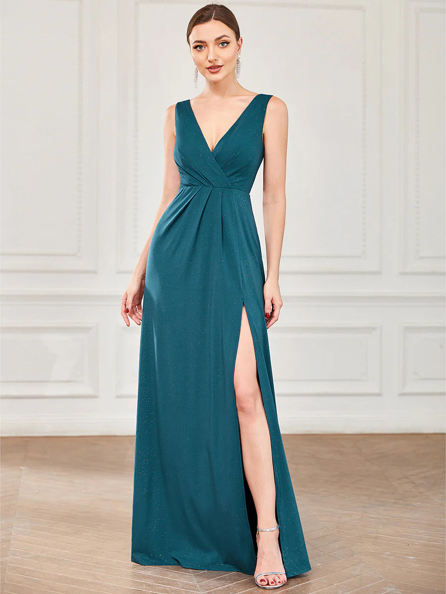 Floor Length V Neck Shimmery Wholesale Evening Dresses With Side Split